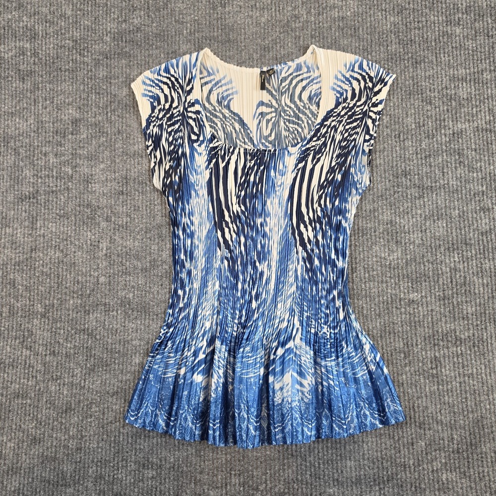 VTG Jean Paul Gaultier Soleil Pleated Mesh Top Tribal Tattoo Wave Print Blue M